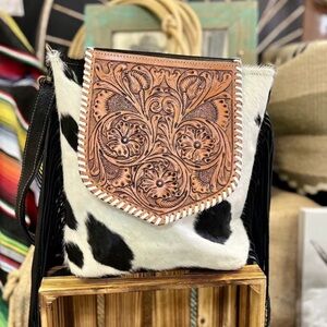Myra Bag Black & White Cowhide Crossbody with Tooled Tan Leather Flap